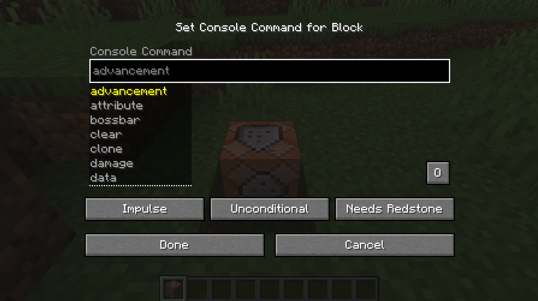 Screenshot of the command block interface showing the command input field, block type selector, and condition settings