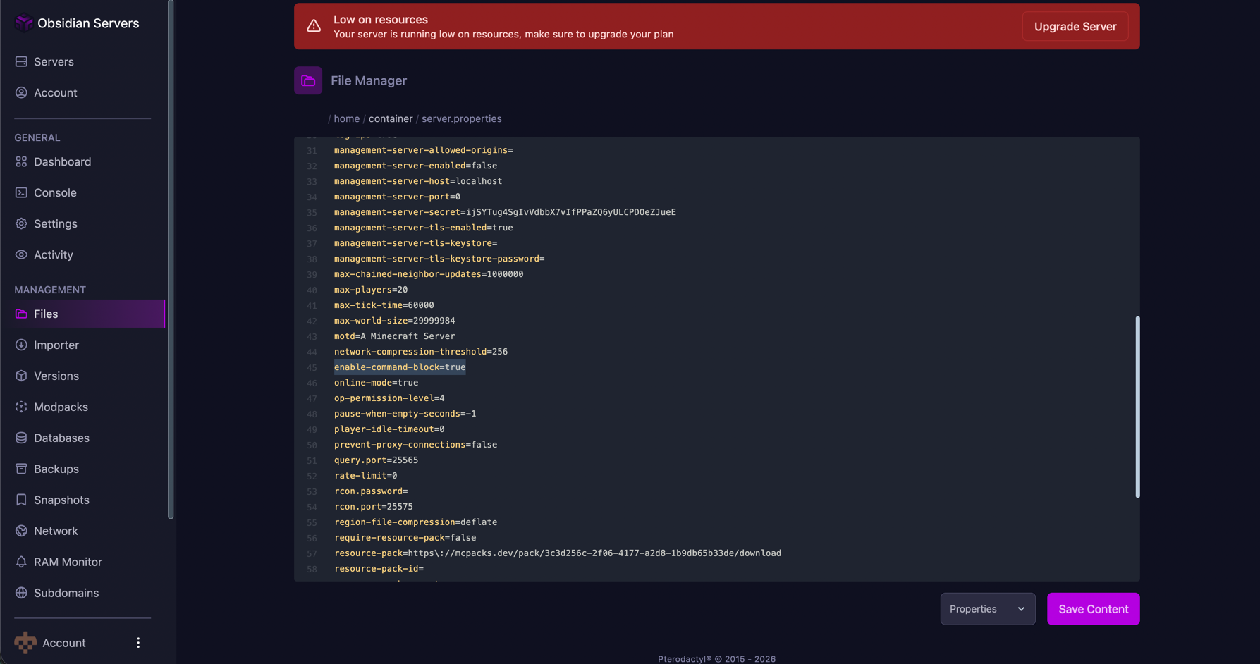 Screenshot showing the server.properties file with enable-command-block=true highlighted