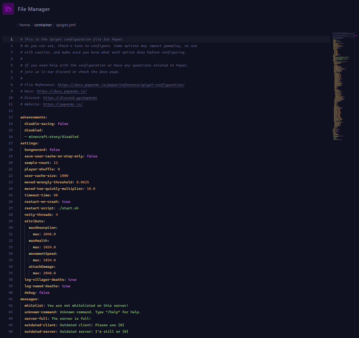 screenshot of a spigot.yml file open in a text editor