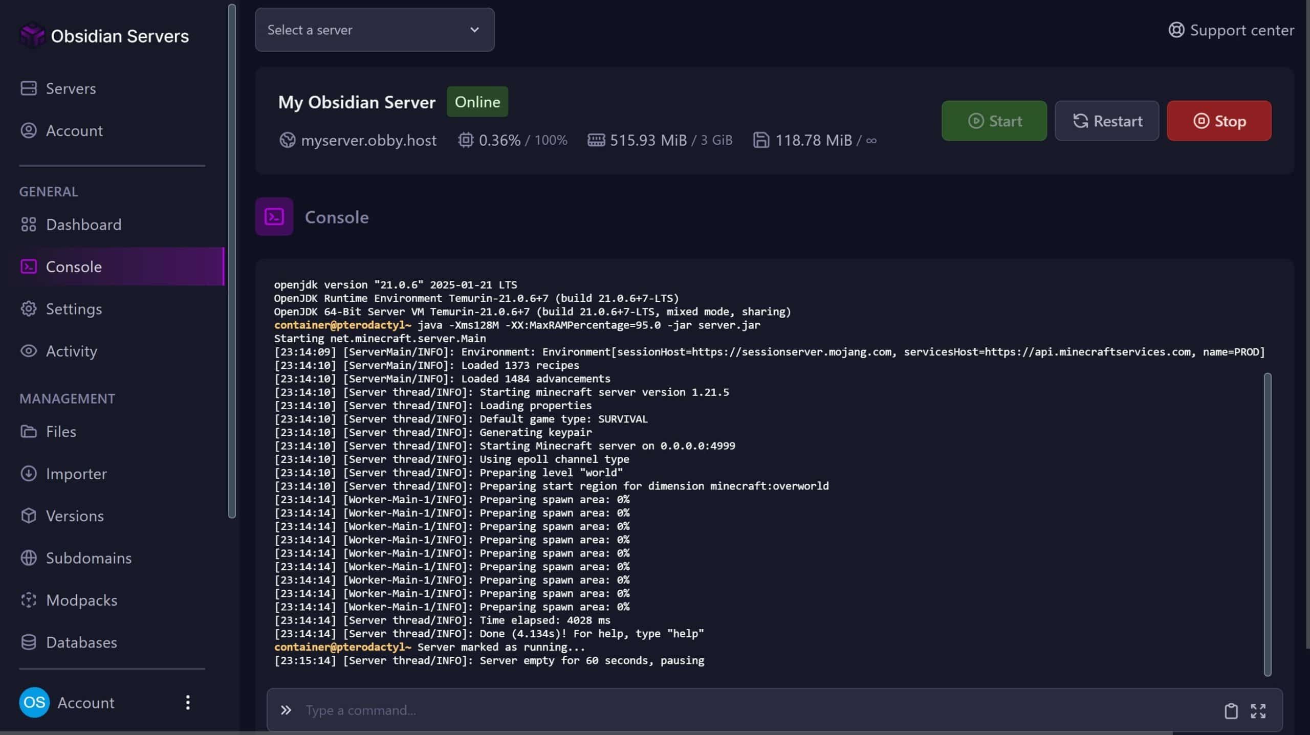 Obsidian Servers Control Panel